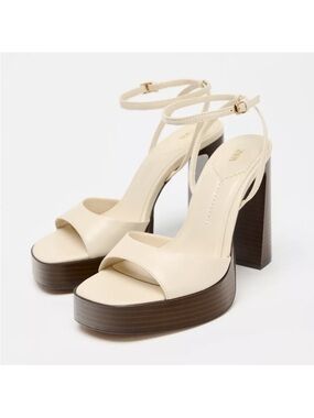 Zara Cream Platform Ankle-Strap Block Heel Sandals Brand New With Tag